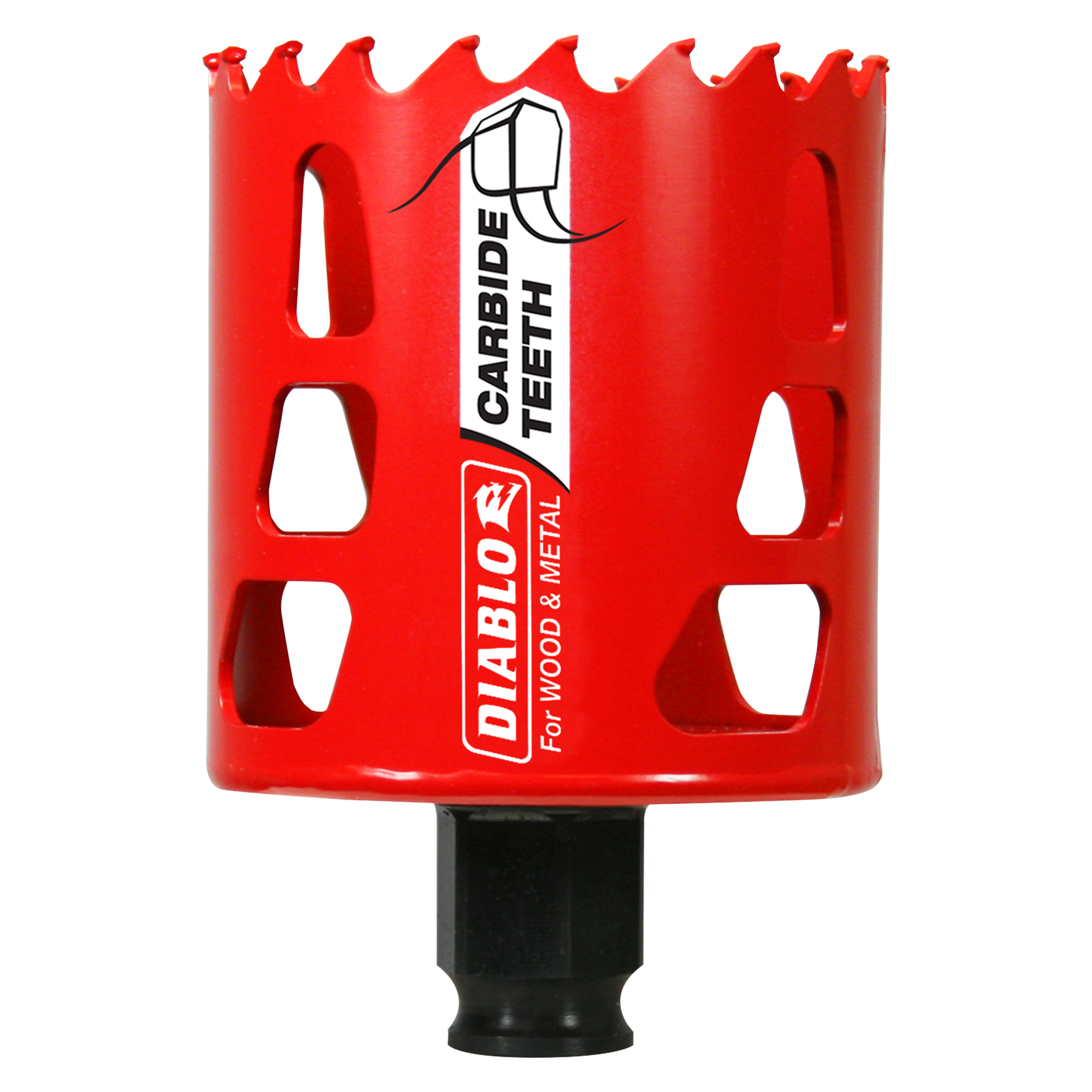 Red cylindrical holesaw with carbide-tipped teeth and black base attachment labeled Diablo.