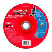 Red circular metal cut-off disc with center arbor hole, labeled Steel Demon, Type 27, 7 inch diameter.