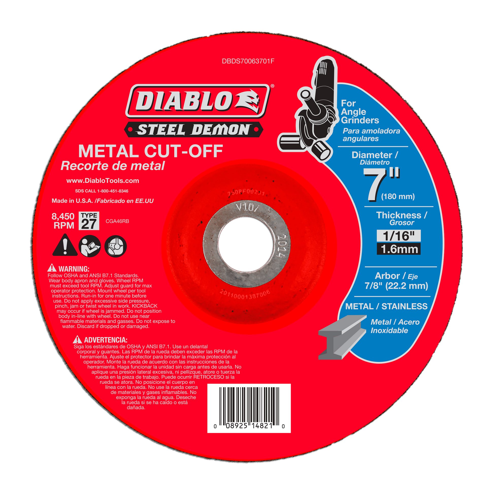 Red circular metal cut-off disc with center arbor hole, labeled Steel Demon, Type 27, 7 inch diameter.