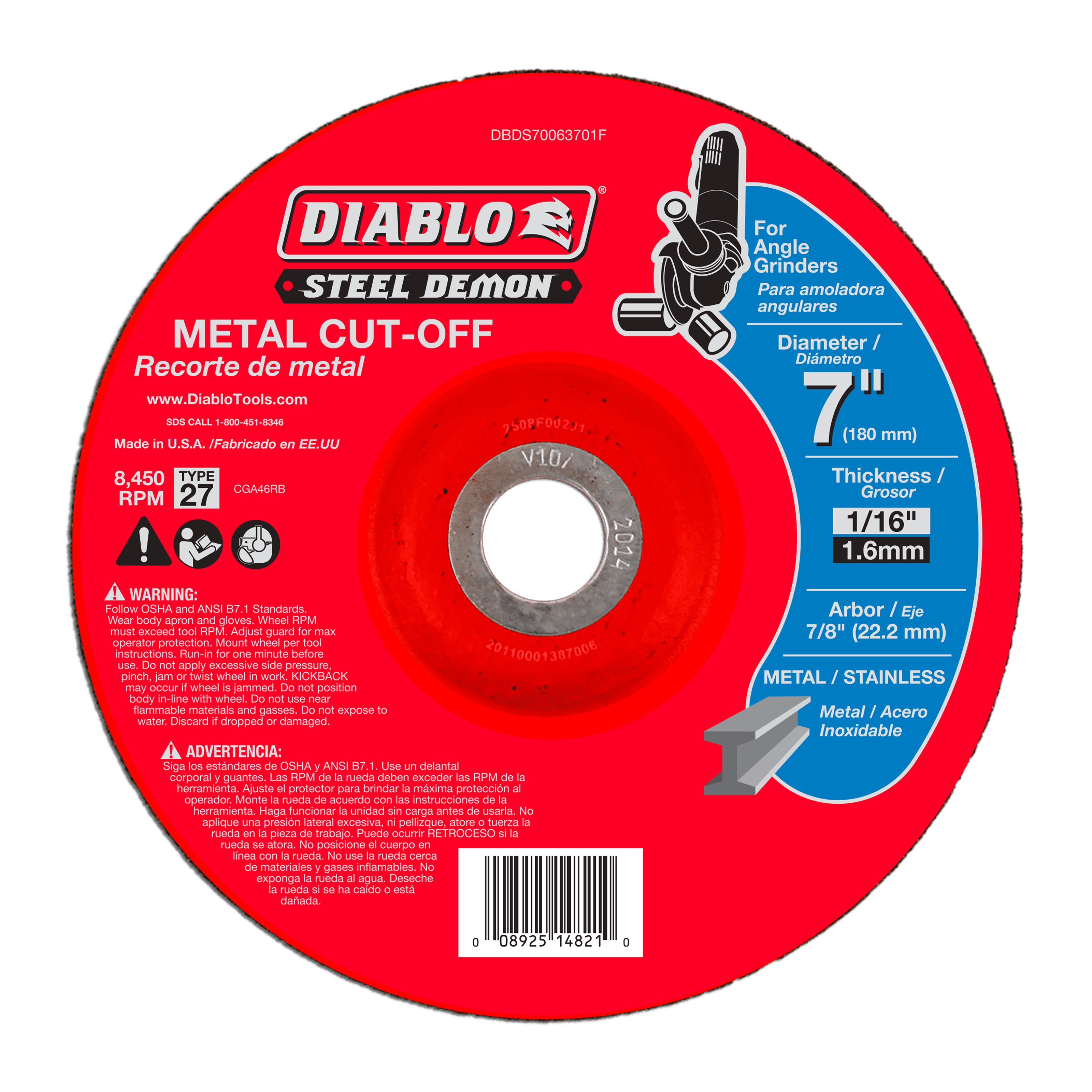 Red circular metal cut-off disc with center arbor hole, labeled Steel Demon, Type 27, 7 inch diameter.