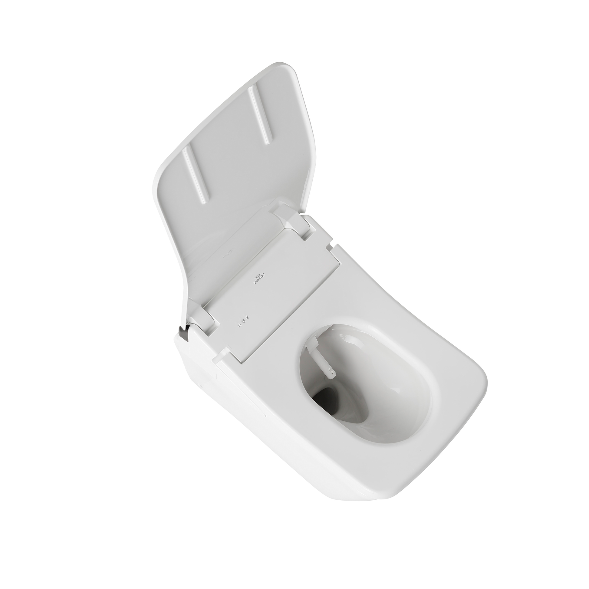 White electronic bidet toilet seat with square shape, lid open, showing control panel and bowl opening.