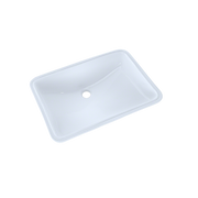 White rectangular undermount bathroom sink with rounded corners and single faucet hole.