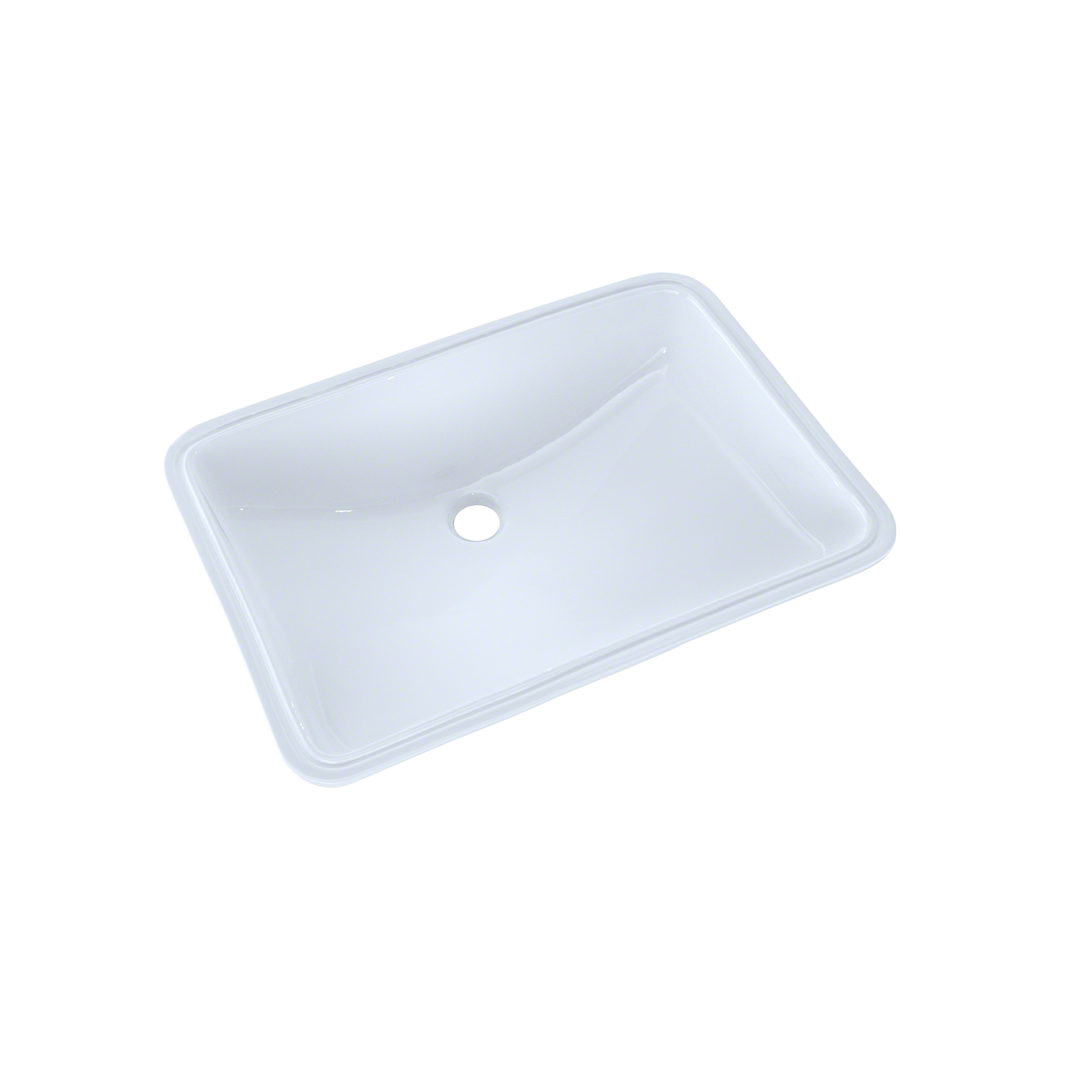 White rectangular undermount bathroom sink with rounded corners and single faucet hole.
