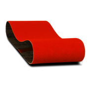 Red sanding belt with black backing, rolled cylindrical shape, 3 inches wide by 18 inches long.