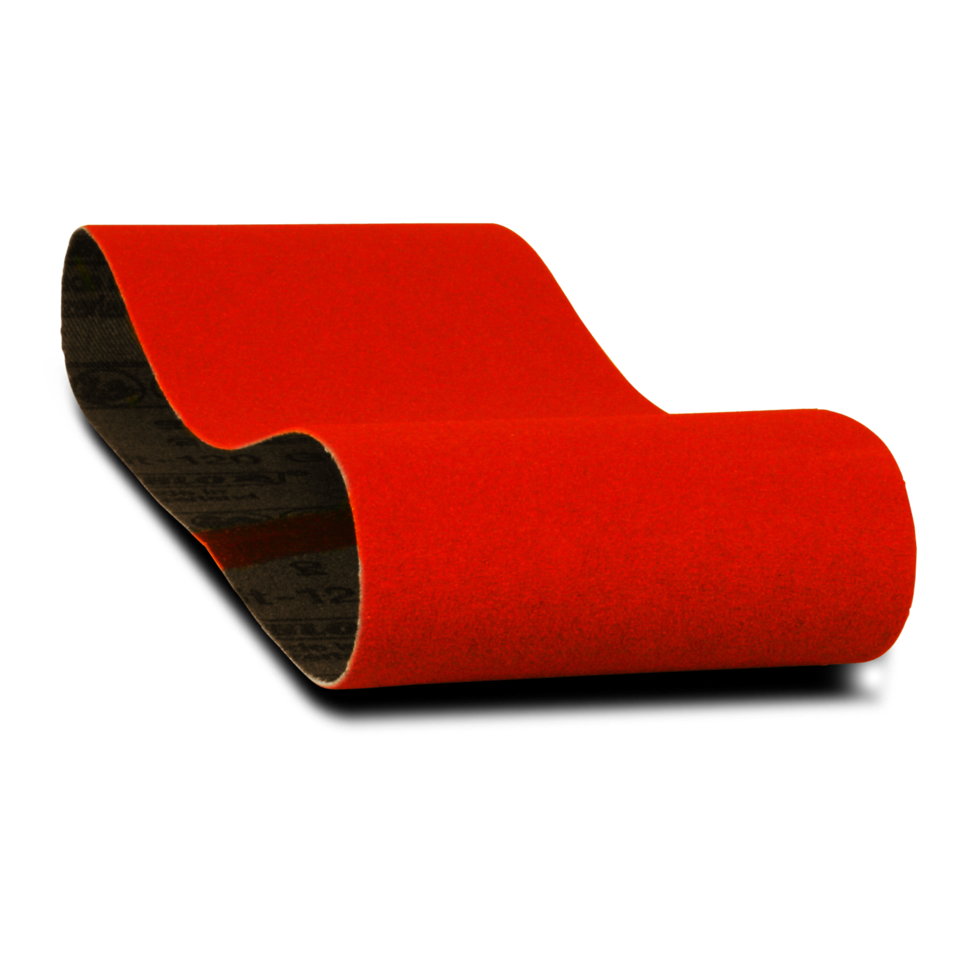 Red sanding belt with black backing, rolled cylindrical shape, 3 inches wide by 18 inches long.