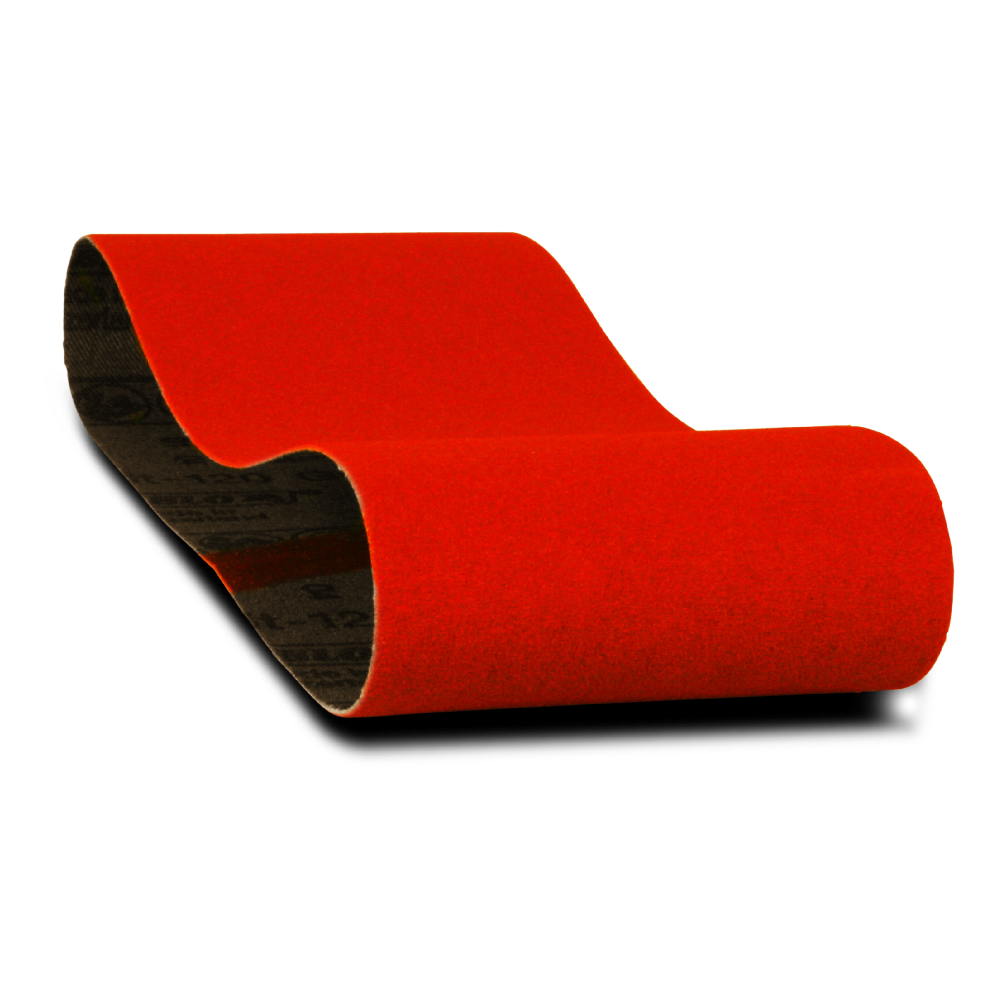 Red sanding belt with black backing, rolled cylindrical shape, 3 inches wide by 18 inches long.