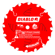 Red circular saw blade with 16 teeth, gray tooth tips, white center arbor hole, and Diablo branding.