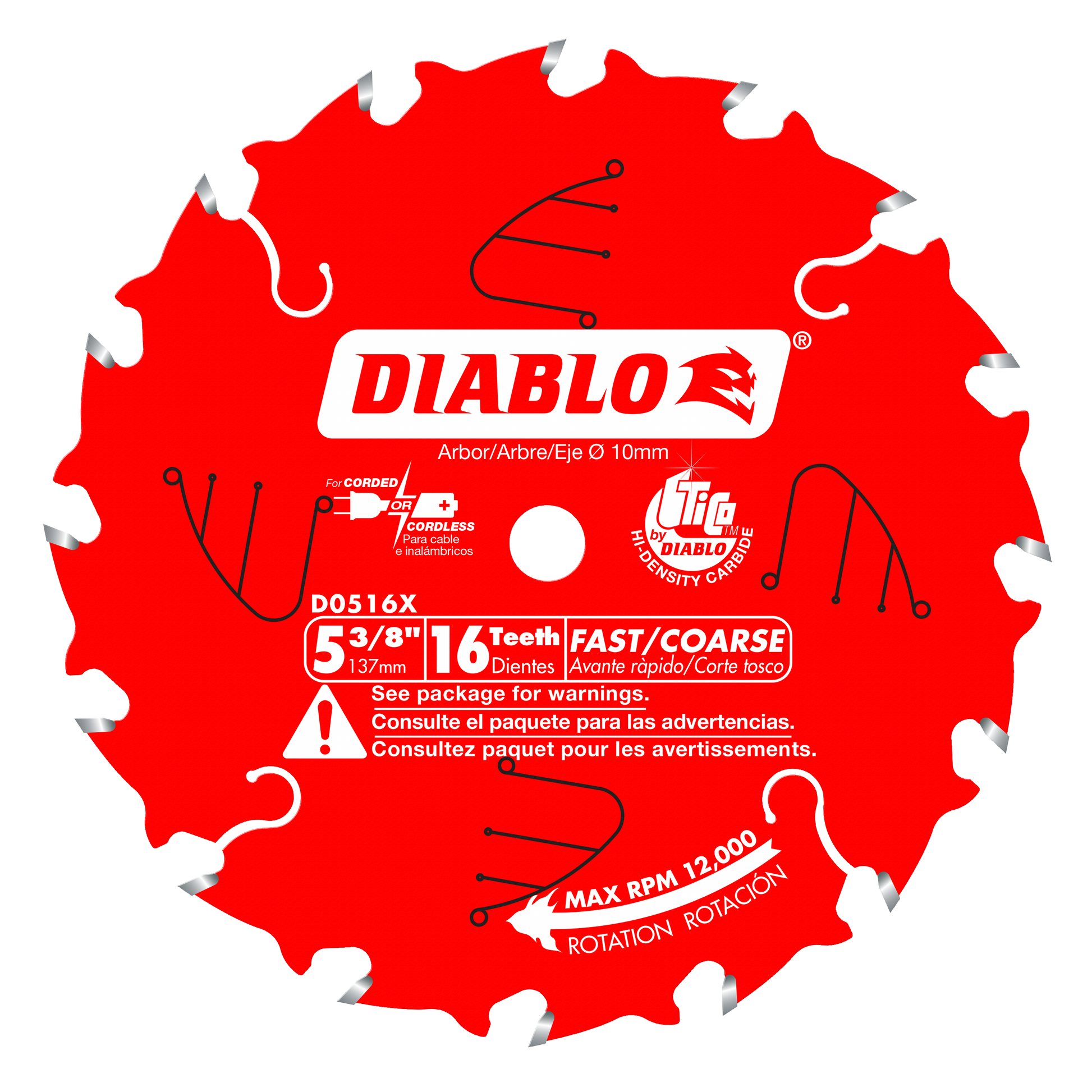 Red circular saw blade with 16 teeth, gray tooth tips, white center arbor hole, and Diablo branding.