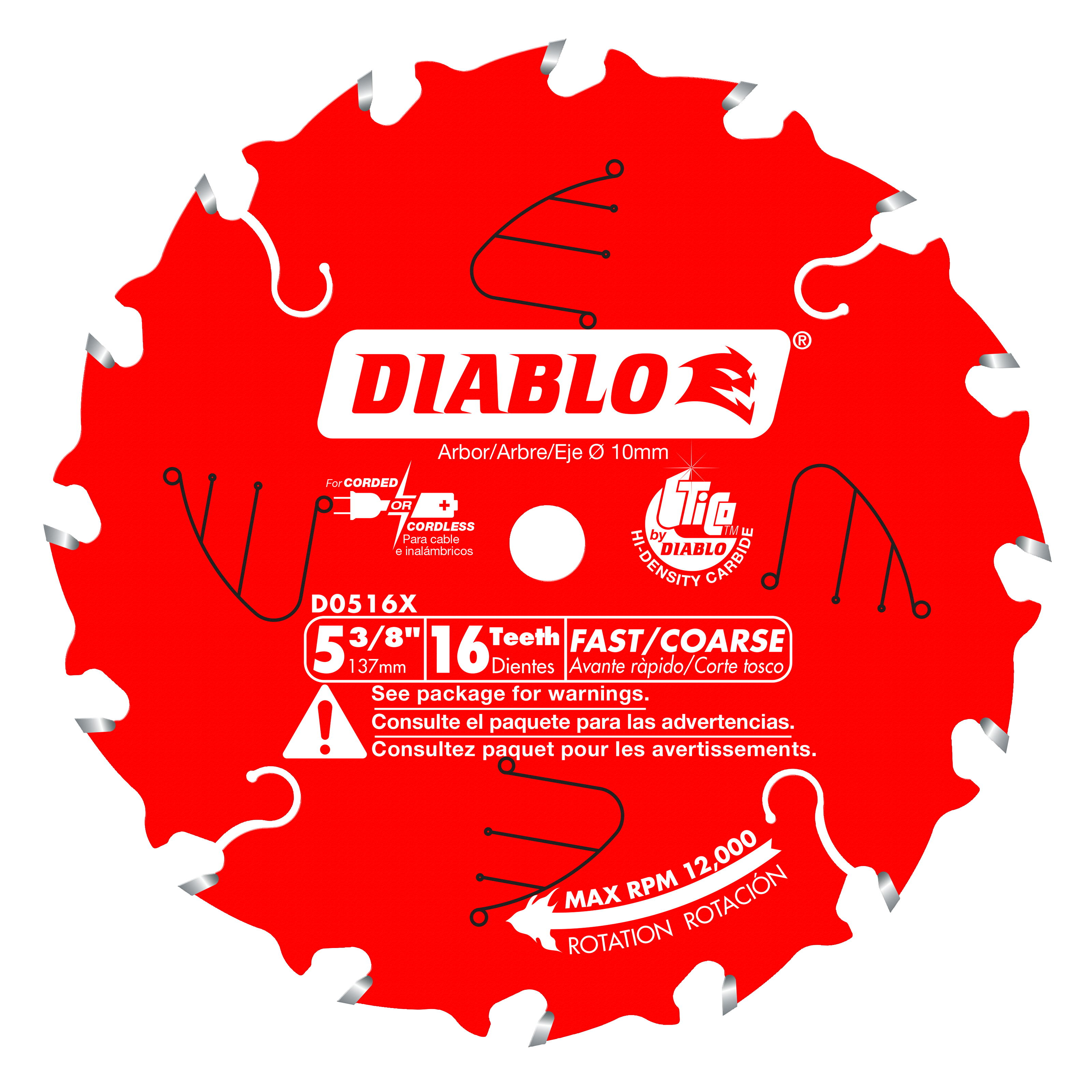 Red circular saw blade with 16 teeth, gray tooth tips, white center arbor hole, and Diablo branding.