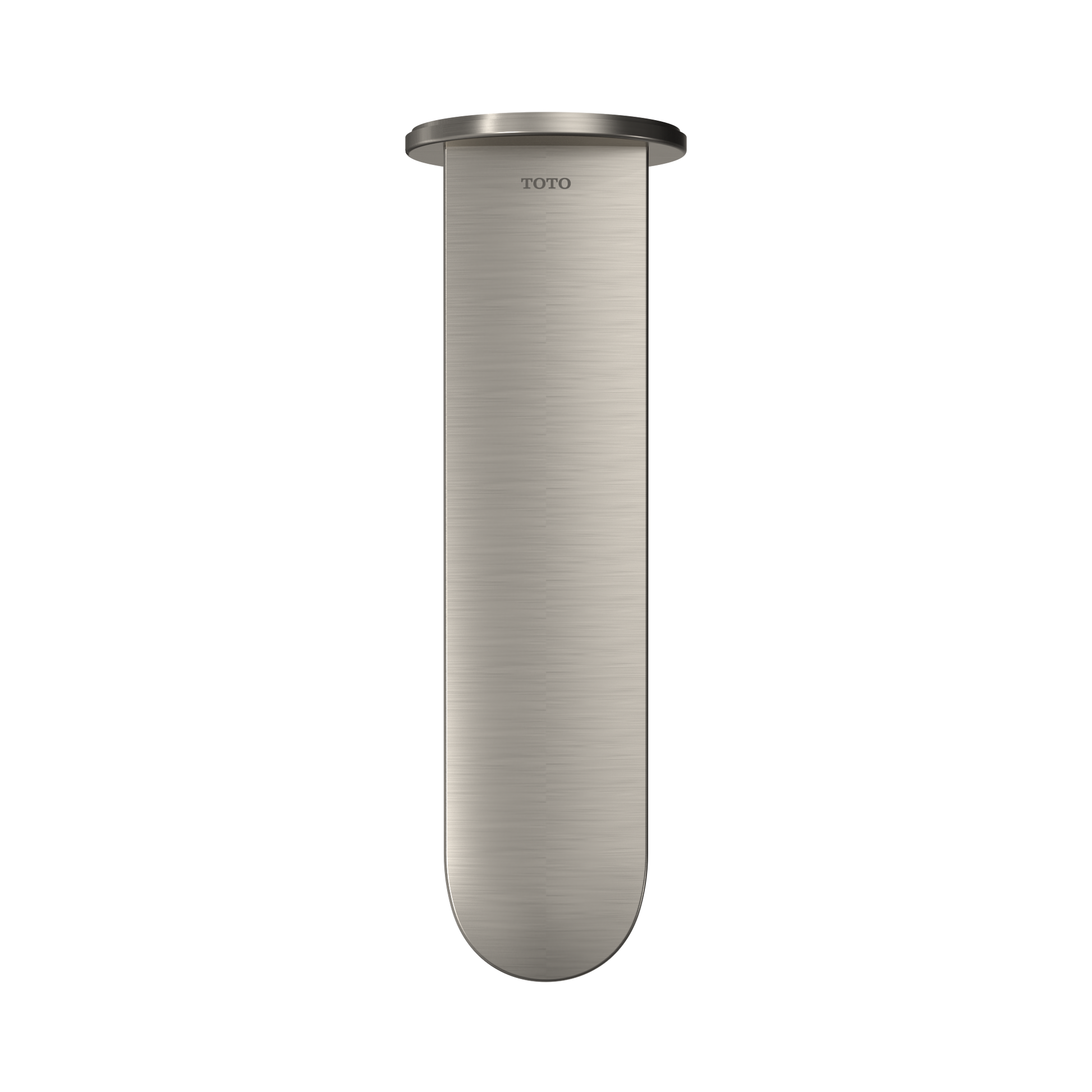 Brushed nickel wall-mounted tub spout with cylindrical body and rounded bottom end.