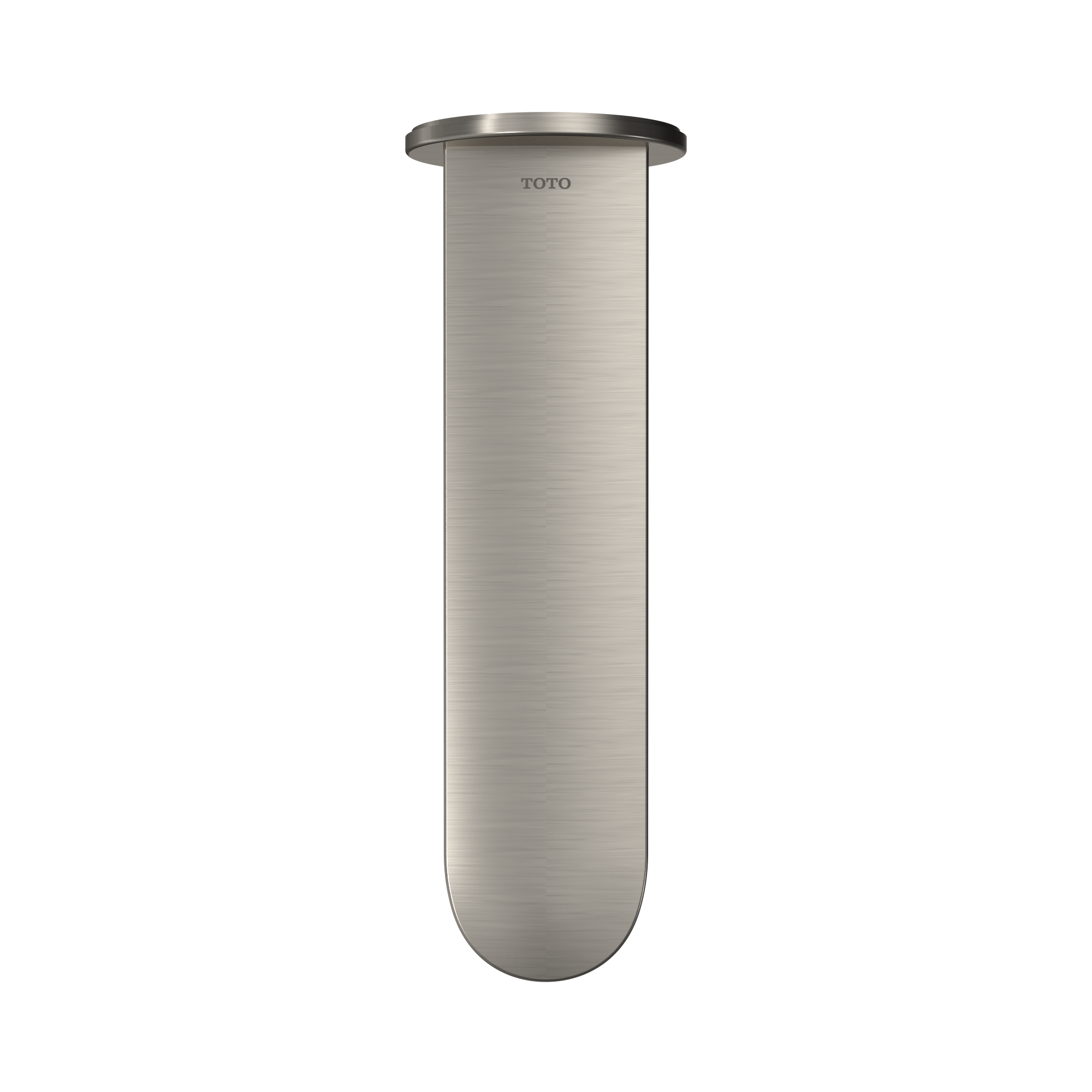Brushed nickel wall-mounted tub spout with cylindrical body and rounded bottom end.