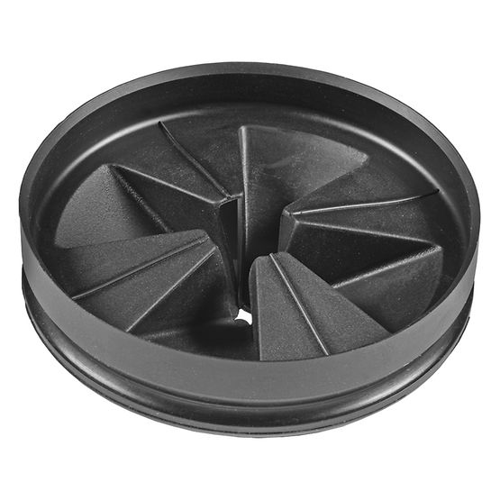 Black sink baffle with ribbed interior and central opening for garbage disposal installation.