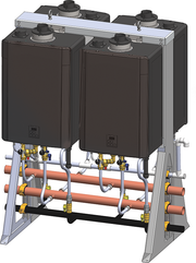 Four stacked dark brown tankless water heater units mounted on silver frame rack with piping and brass valves below.