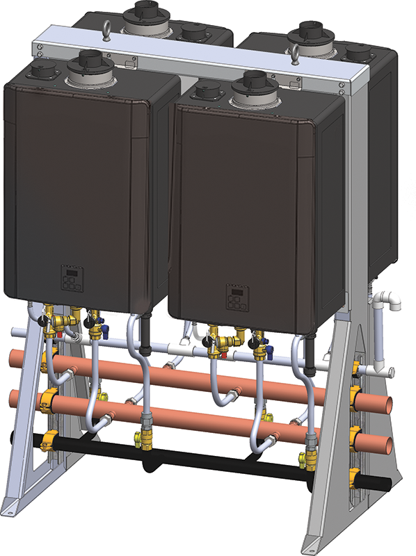 Four stacked dark brown tankless water heater units mounted on silver frame rack with piping and brass valves below.