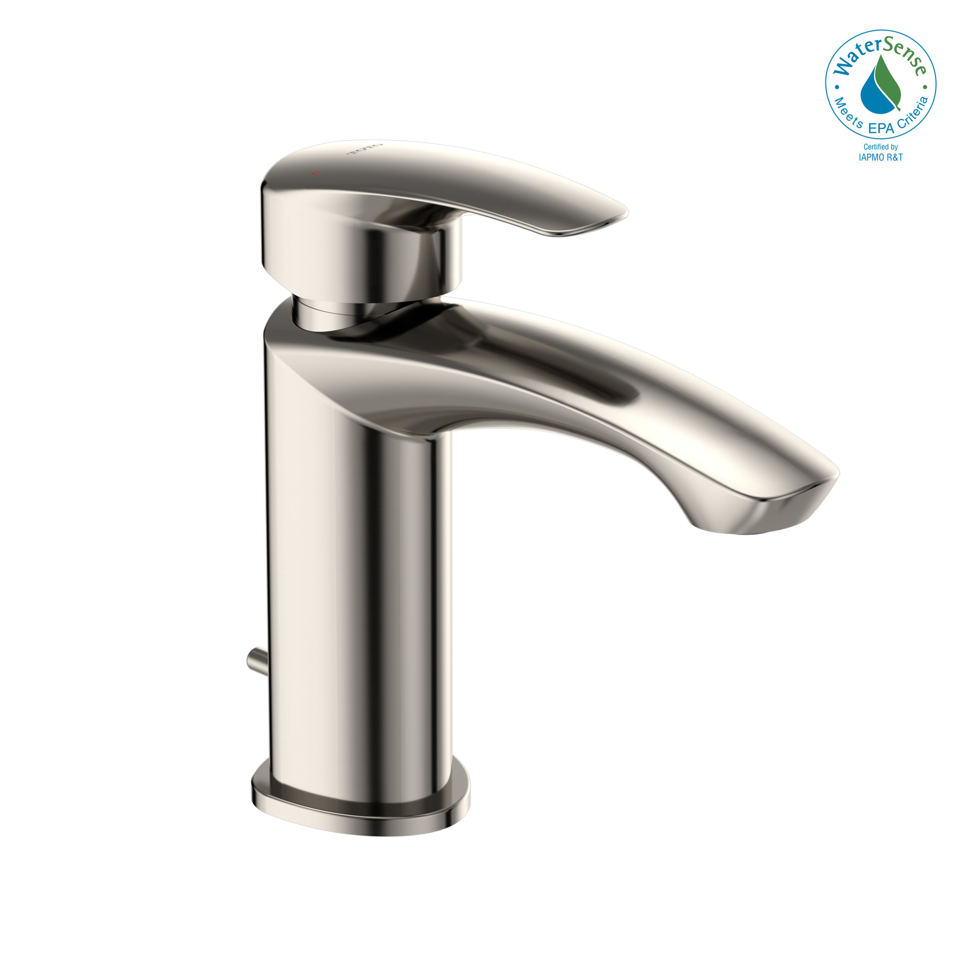 Polished nickel single-handle bathroom sink faucet with curved spout and cylindrical body.