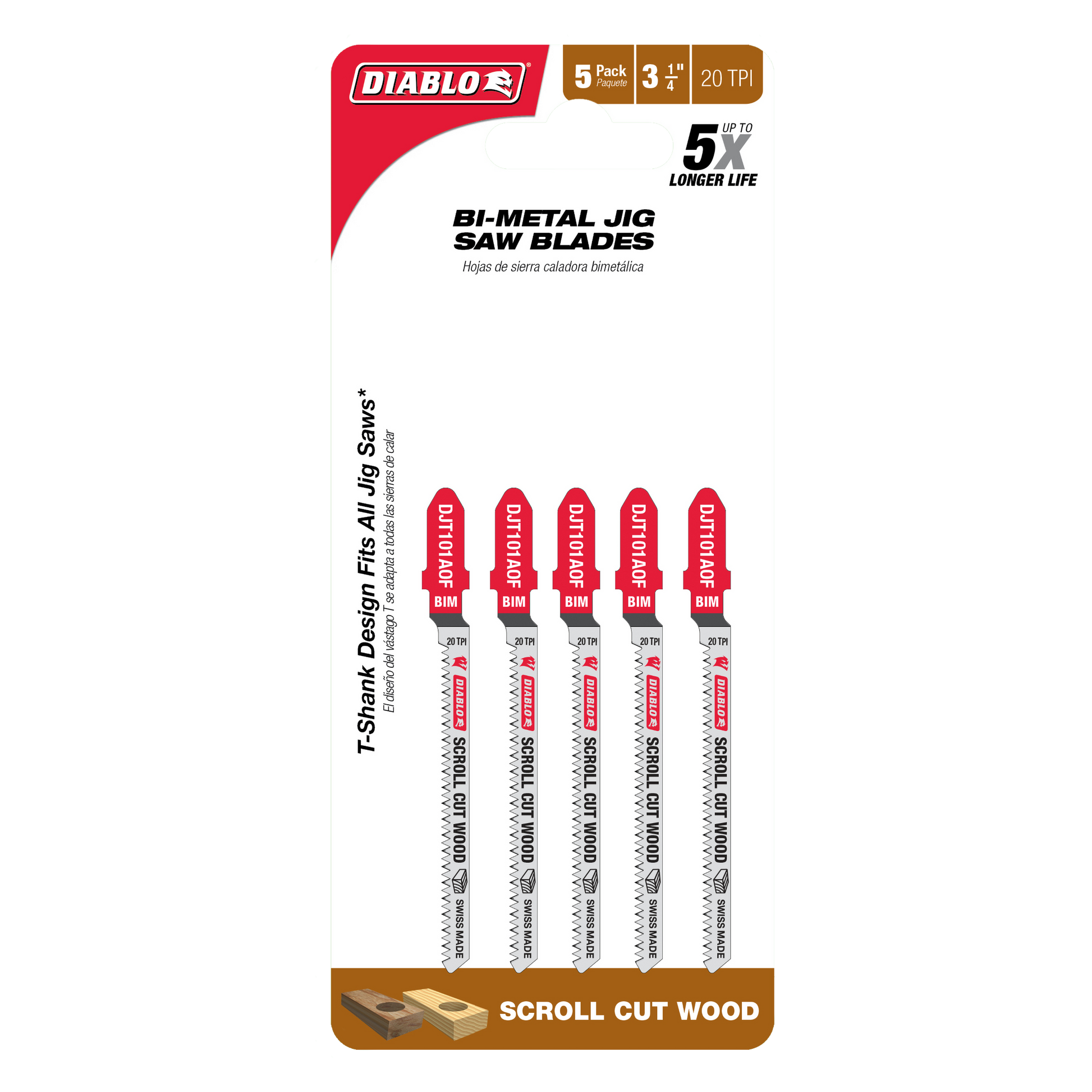 Five Diablo bi-metal T-shank jig saw blades with red handles and serrated edges for woodworking.