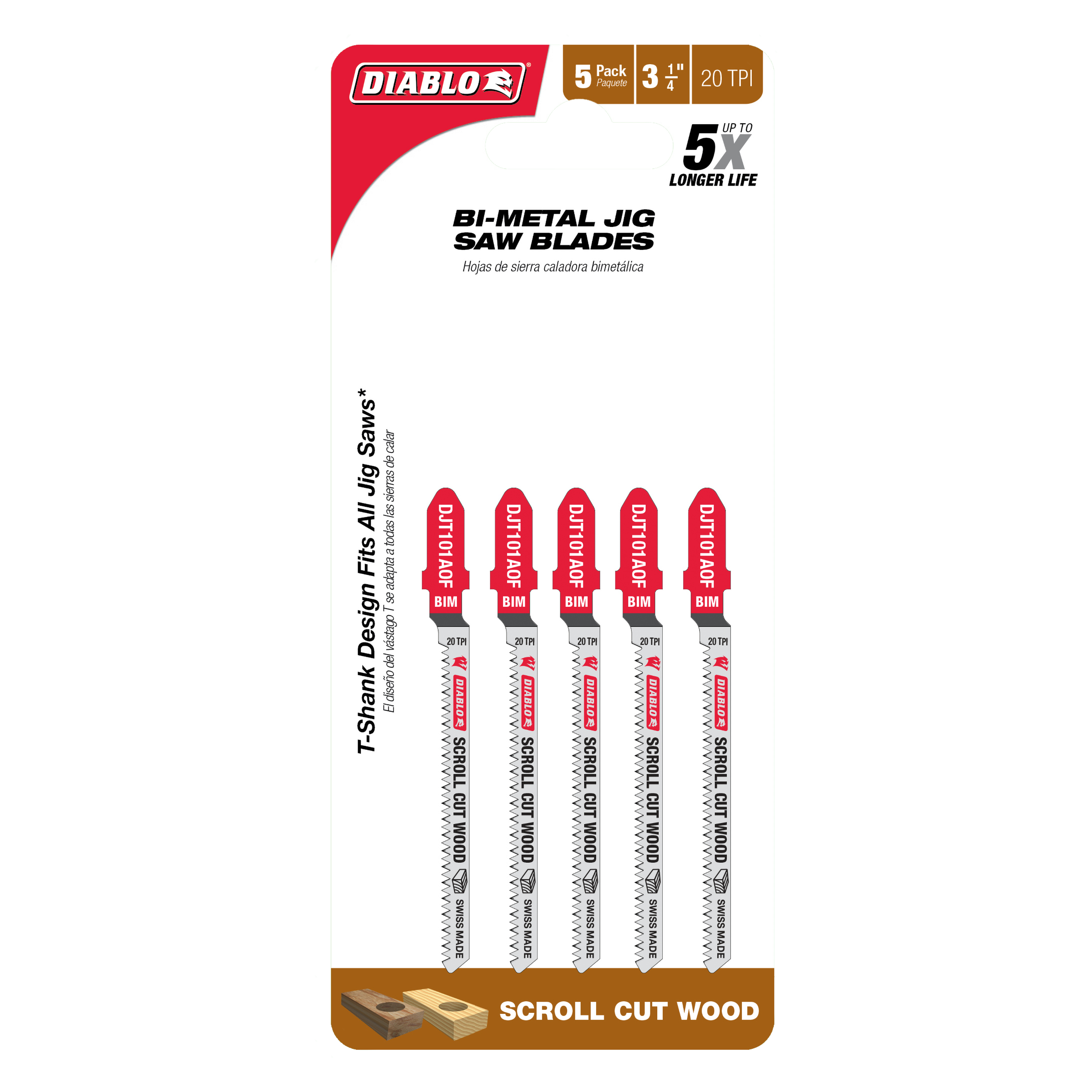 Five Diablo bi-metal T-shank jig saw blades with red handles and serrated edges for woodworking.