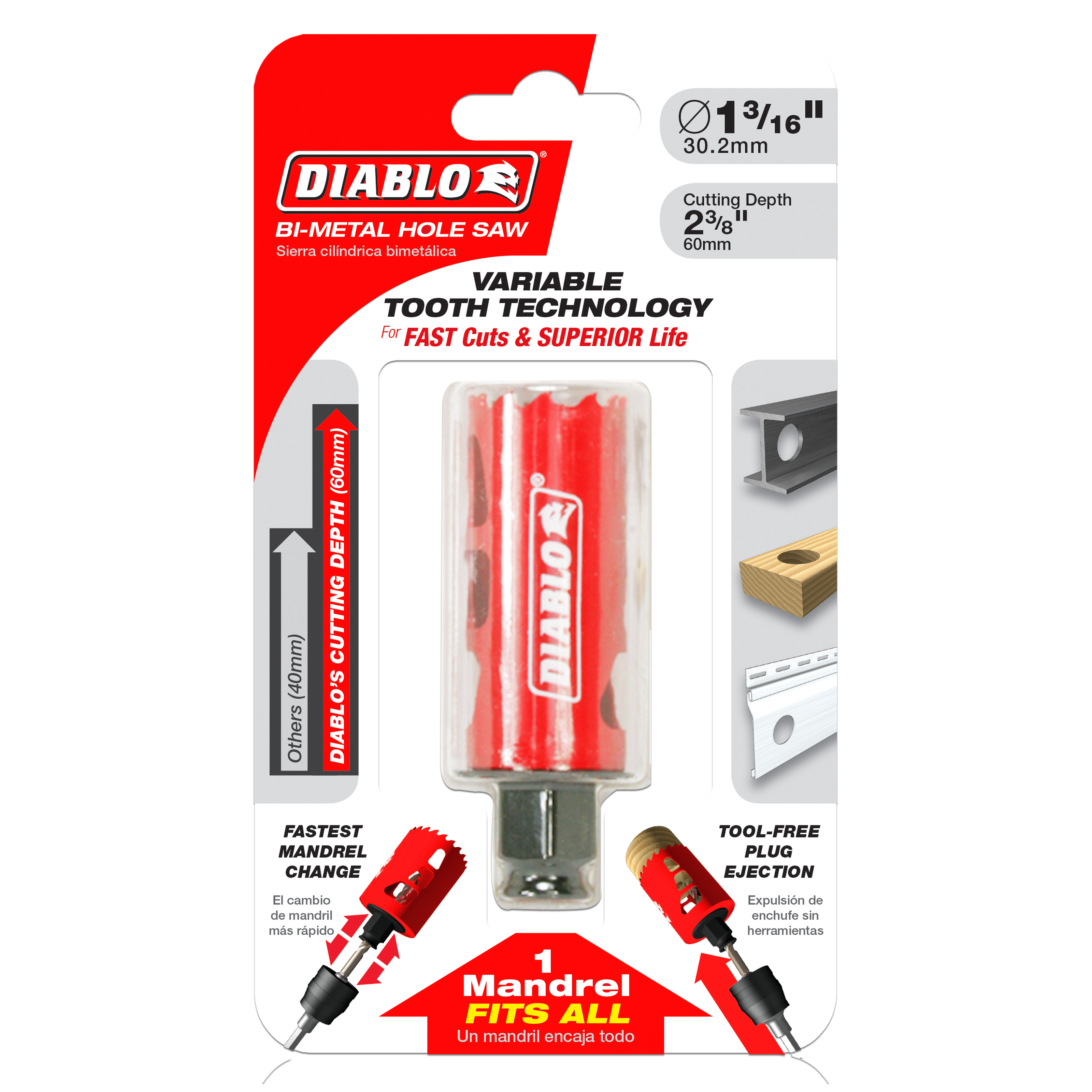 Diablo DHS1188 bi-metal hole saw with 1-3/16 inch diameter and 2-3/8 inch cutting depth on red packaging.