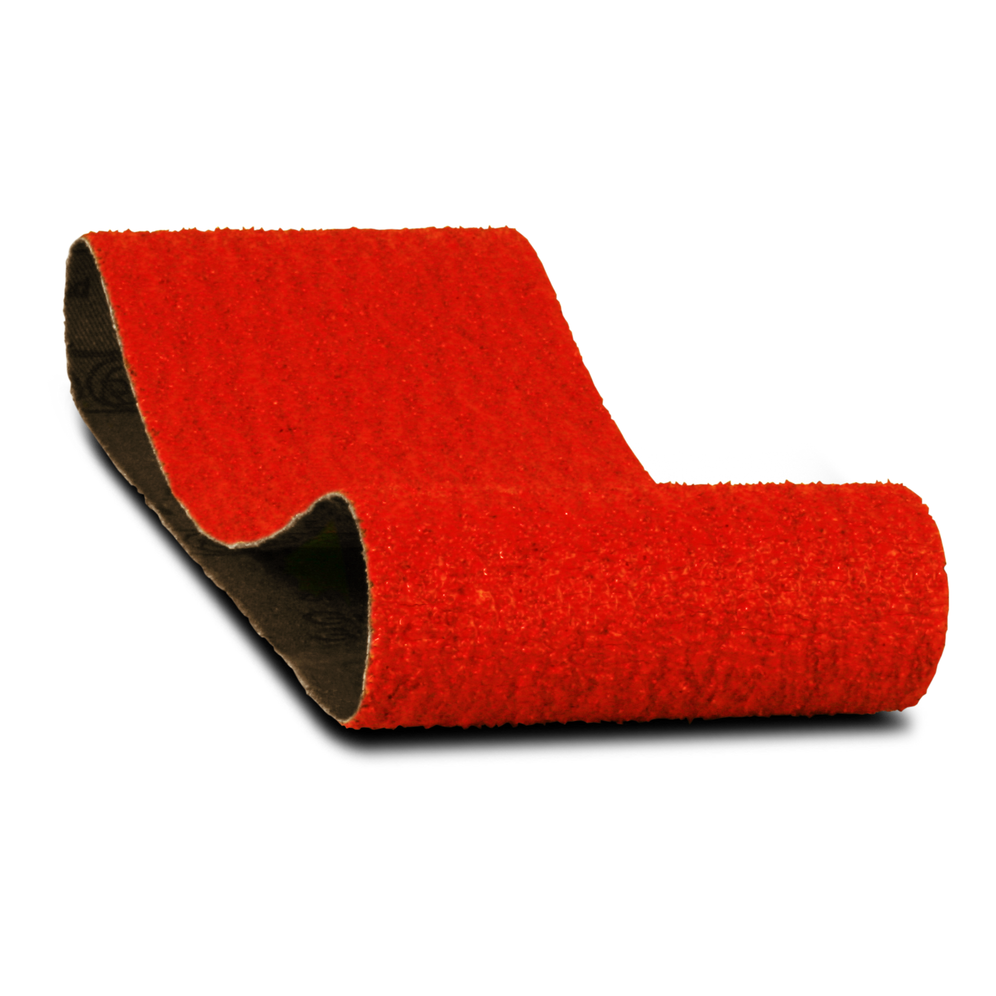Red abrasive sanding belt with black backing, 3 inches wide by 18 inches long.