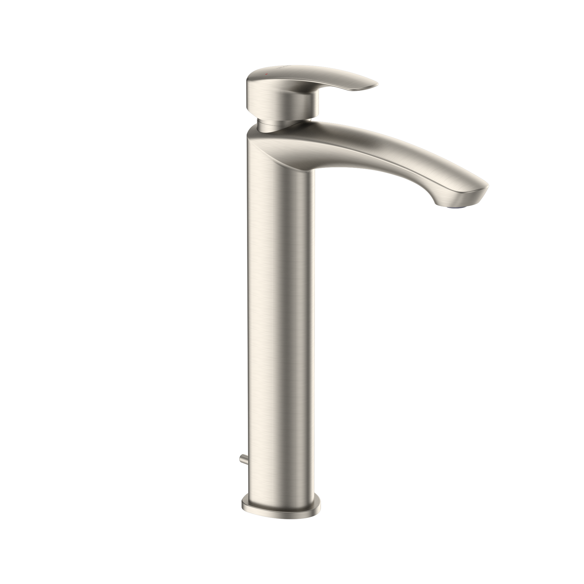 Brushed nickel single-handle vessel faucet with curved spout and lever control.
