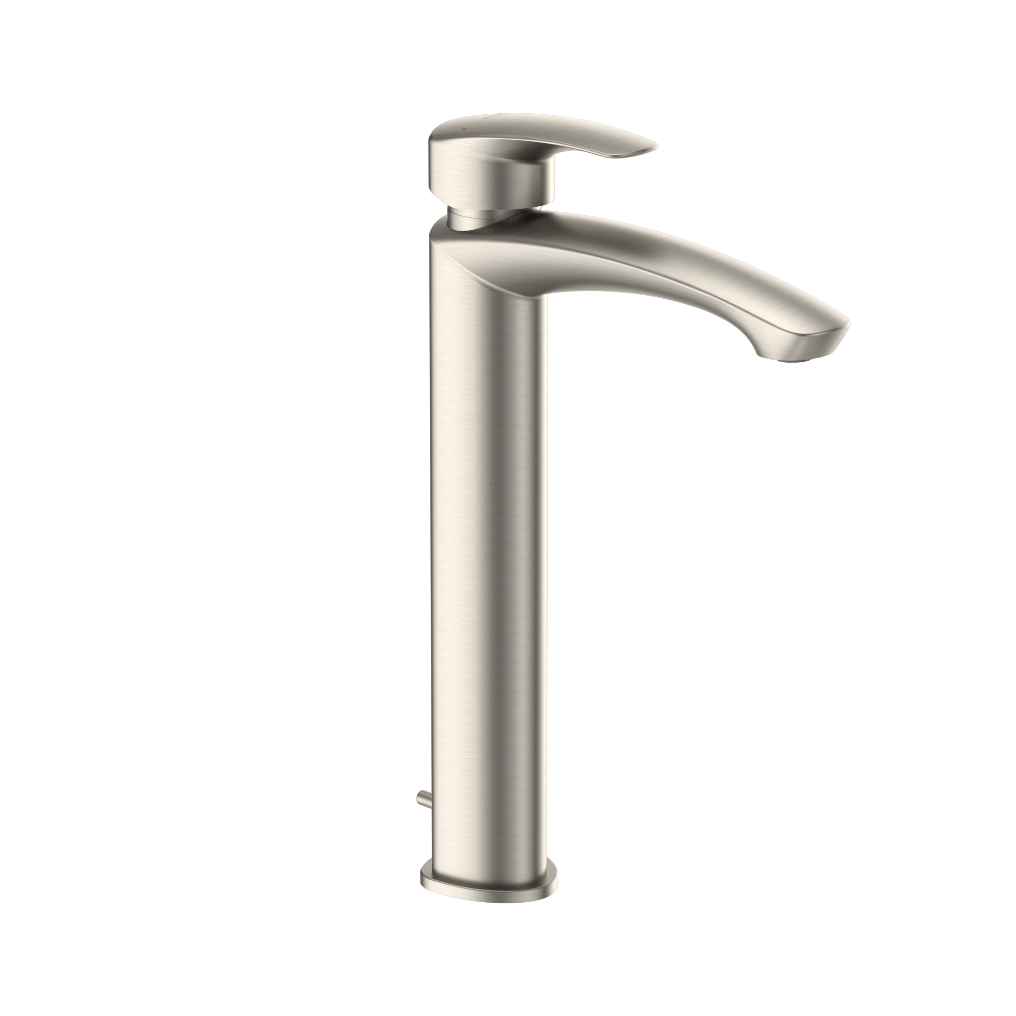 Brushed nickel single-handle vessel faucet with curved spout and lever control.