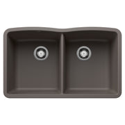 Volcano gray double bowl sink with equal-sized basins and chrome drain fittings.