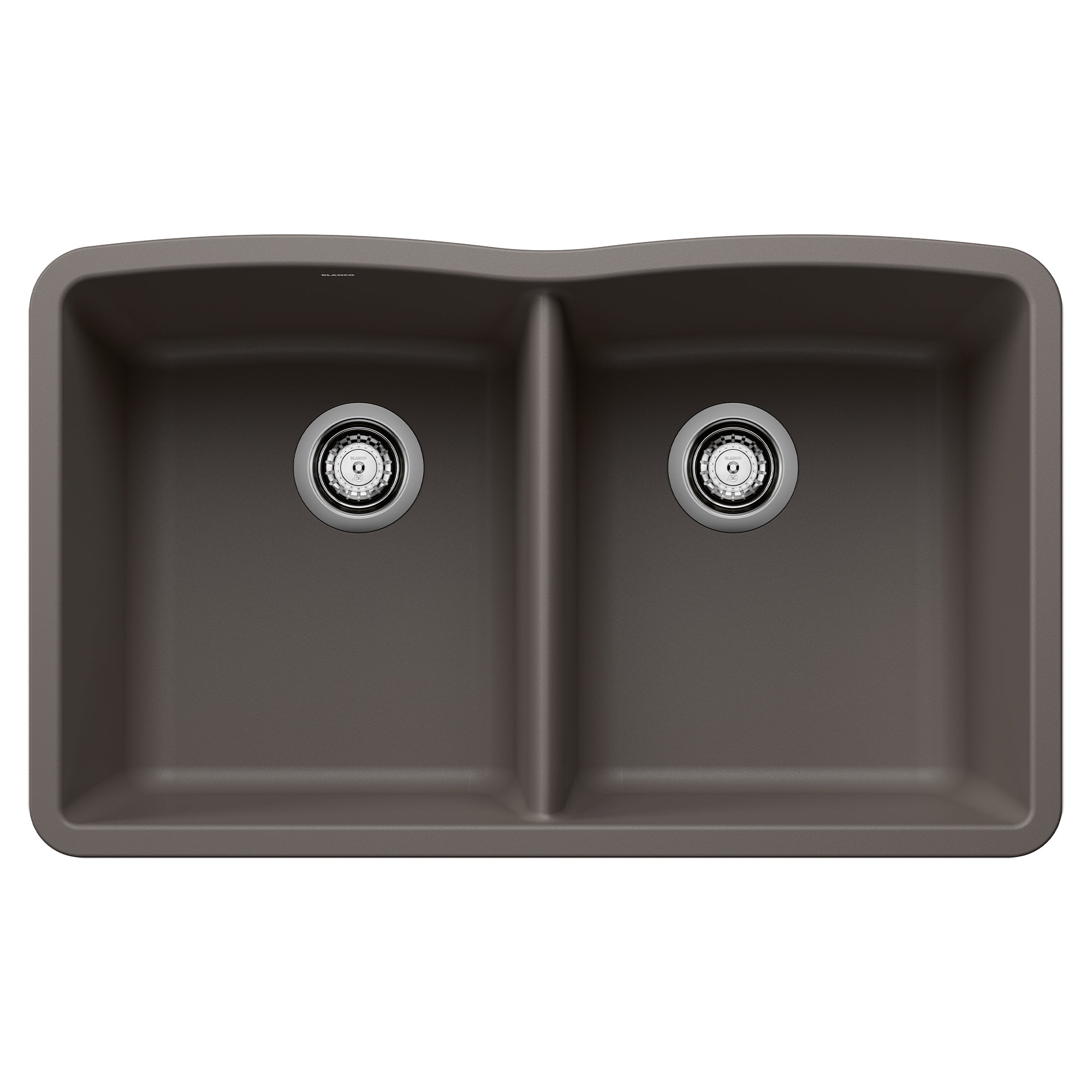Volcano gray double bowl sink with equal-sized basins and chrome drain fittings.