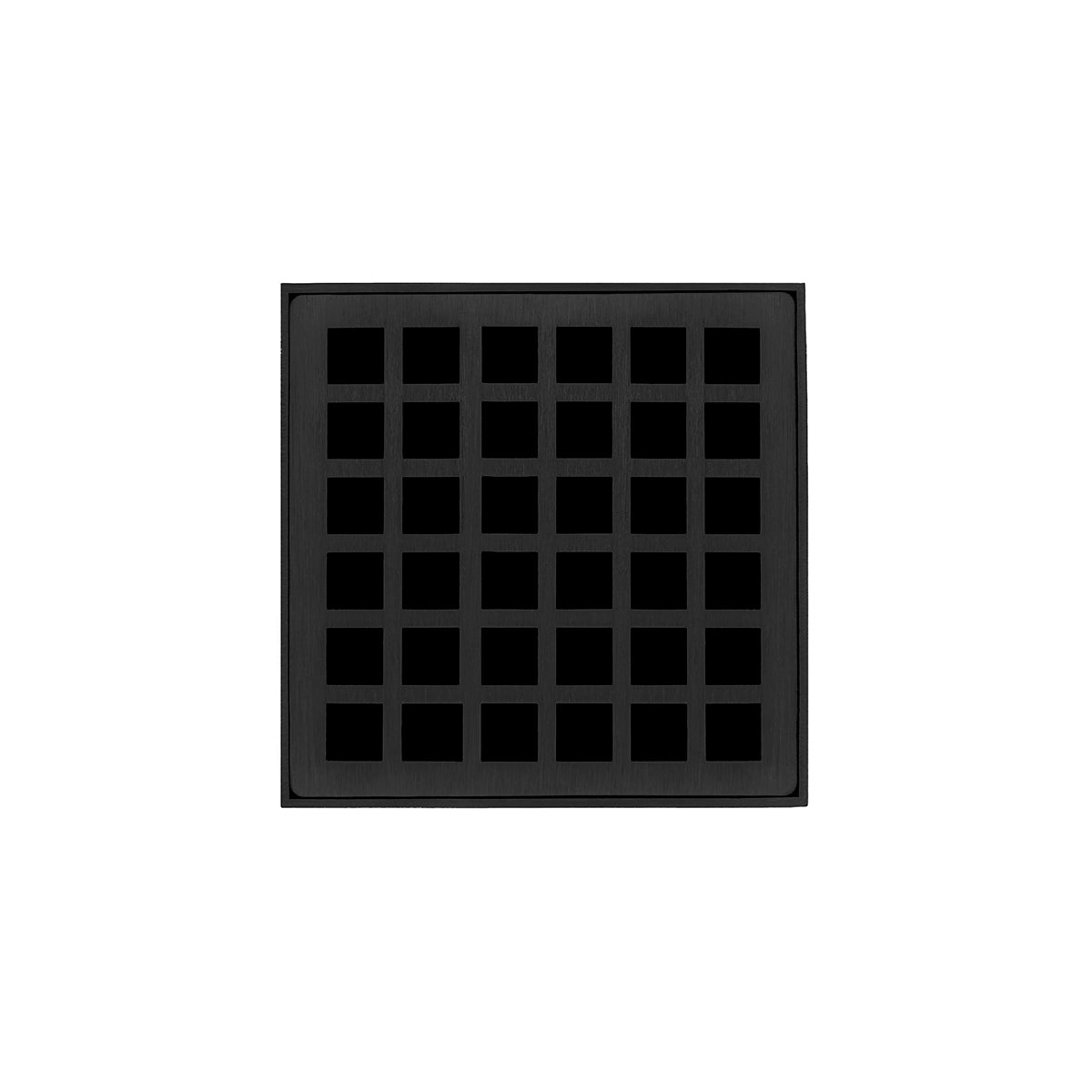 Matte black square drain grate with grid pattern openings and center drain opening.