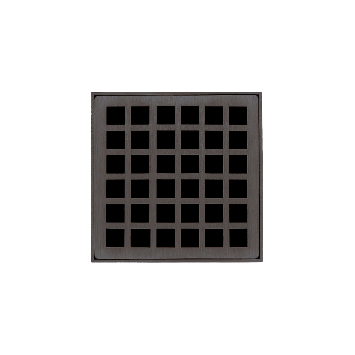 Oil rubbed bronze square drain grate with grid pattern design, 4 by 4 inches.
