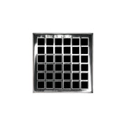 Square polished stainless steel drain grate with grid pattern and center drain opening.
