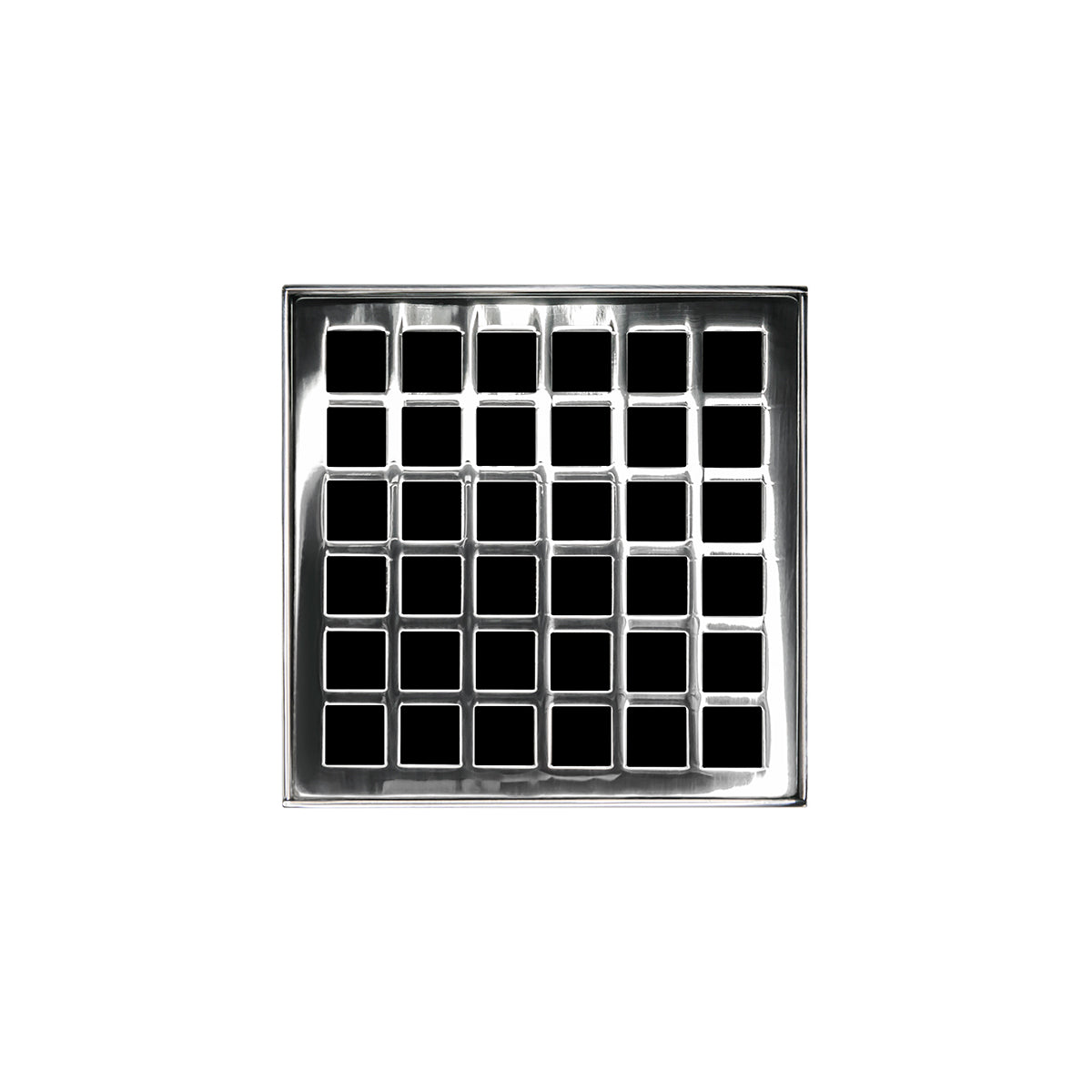 Polished stainless steel square drain grate with grid pattern and center drain opening.