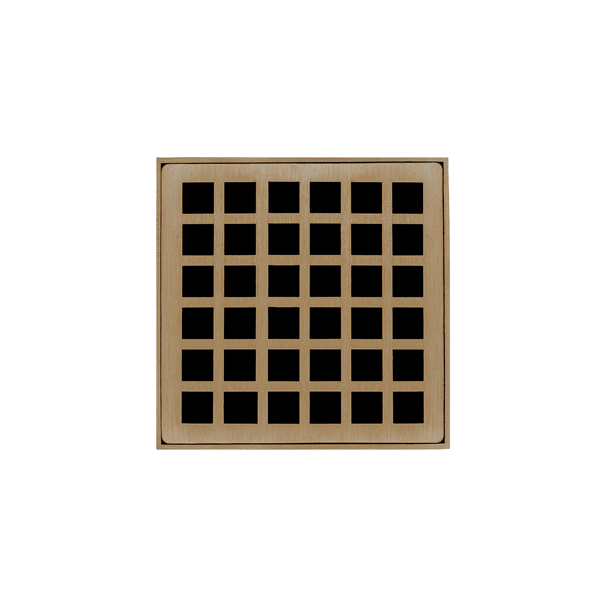 Satin bronze square drain grate with grid pattern and center opening.