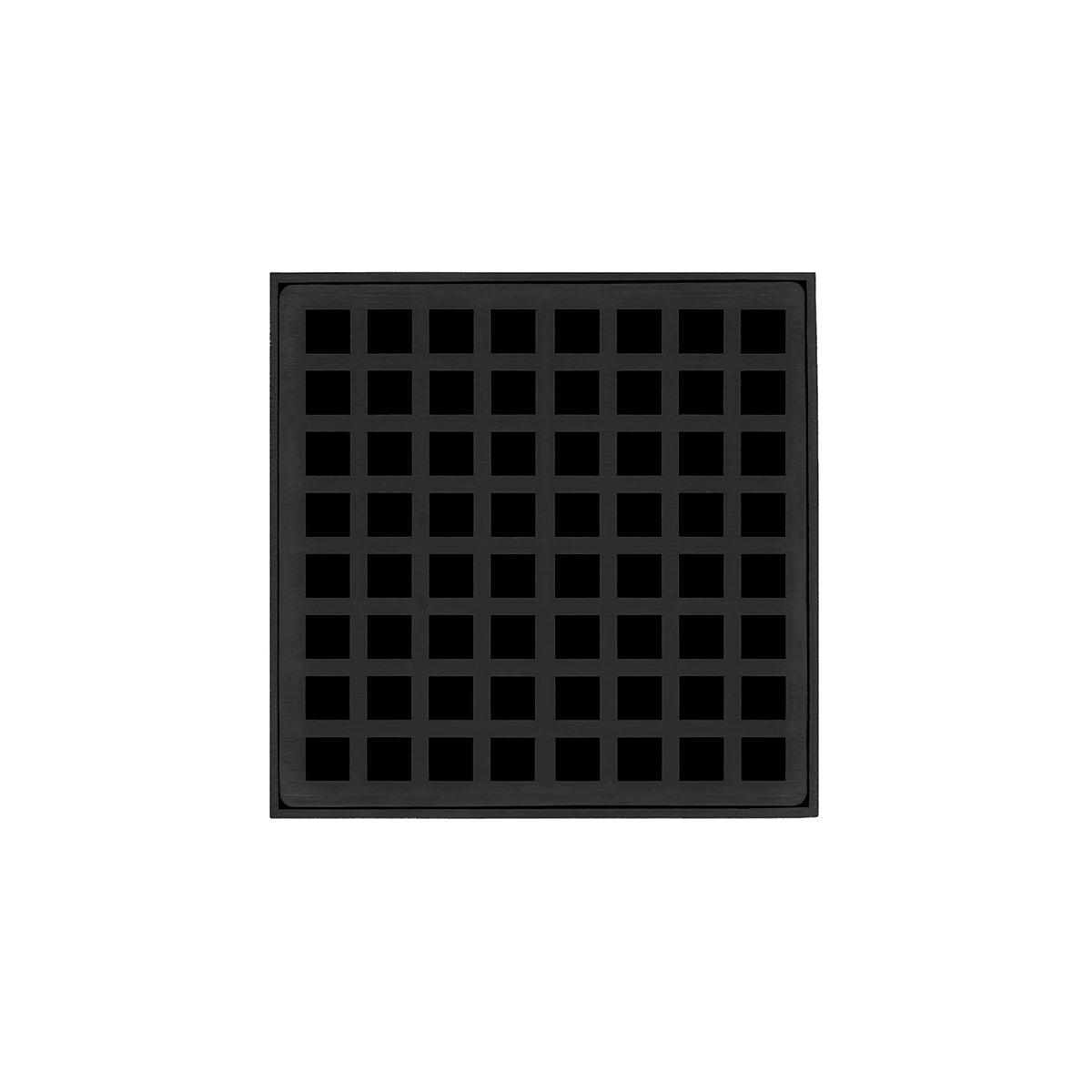 Matte black square drain grate with grid pattern of small rectangular openings.