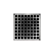 Polished stainless steel square drain grate with grid pattern and center drain opening.