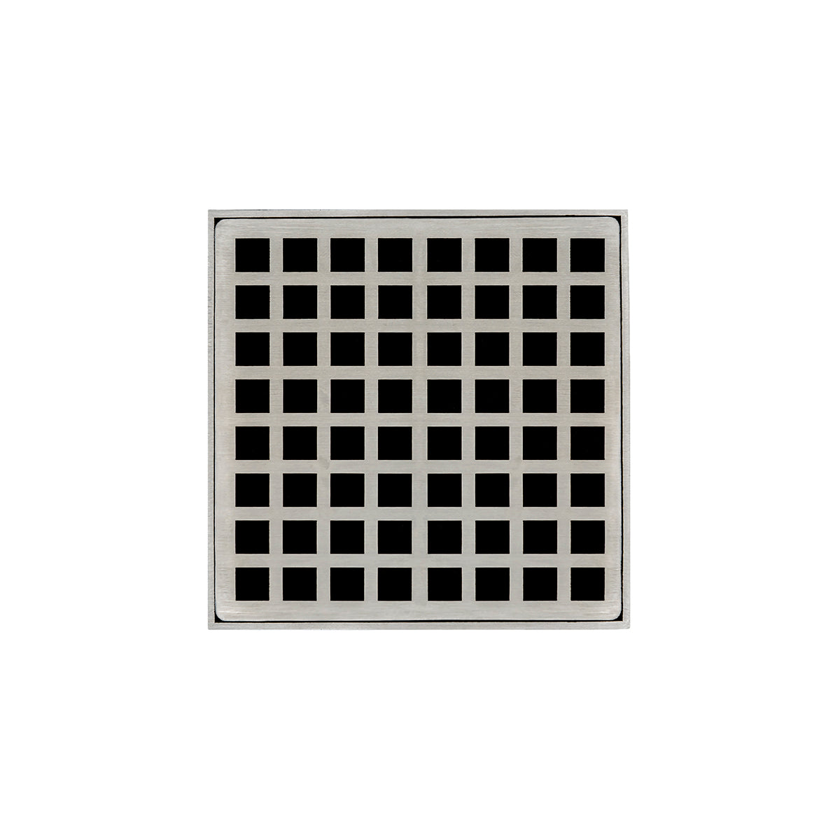 Square satin stainless steel drain grate with grid pattern and center drain opening.