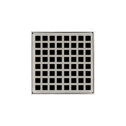 Satin stainless steel square drain cover with grid pattern and center drain opening.