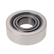 Metal ball bearing with concentric rings and central hollow opening, shown from top view.