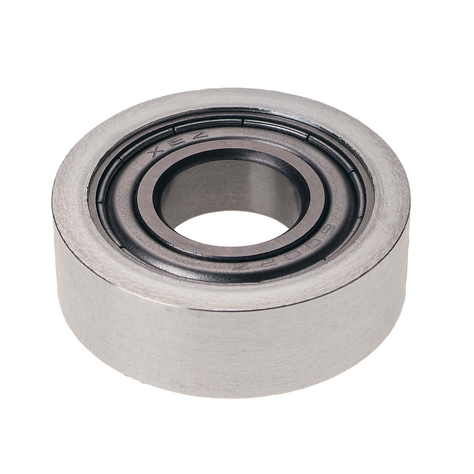 Metal ball bearing with concentric rings and central hollow opening, shown from top view.