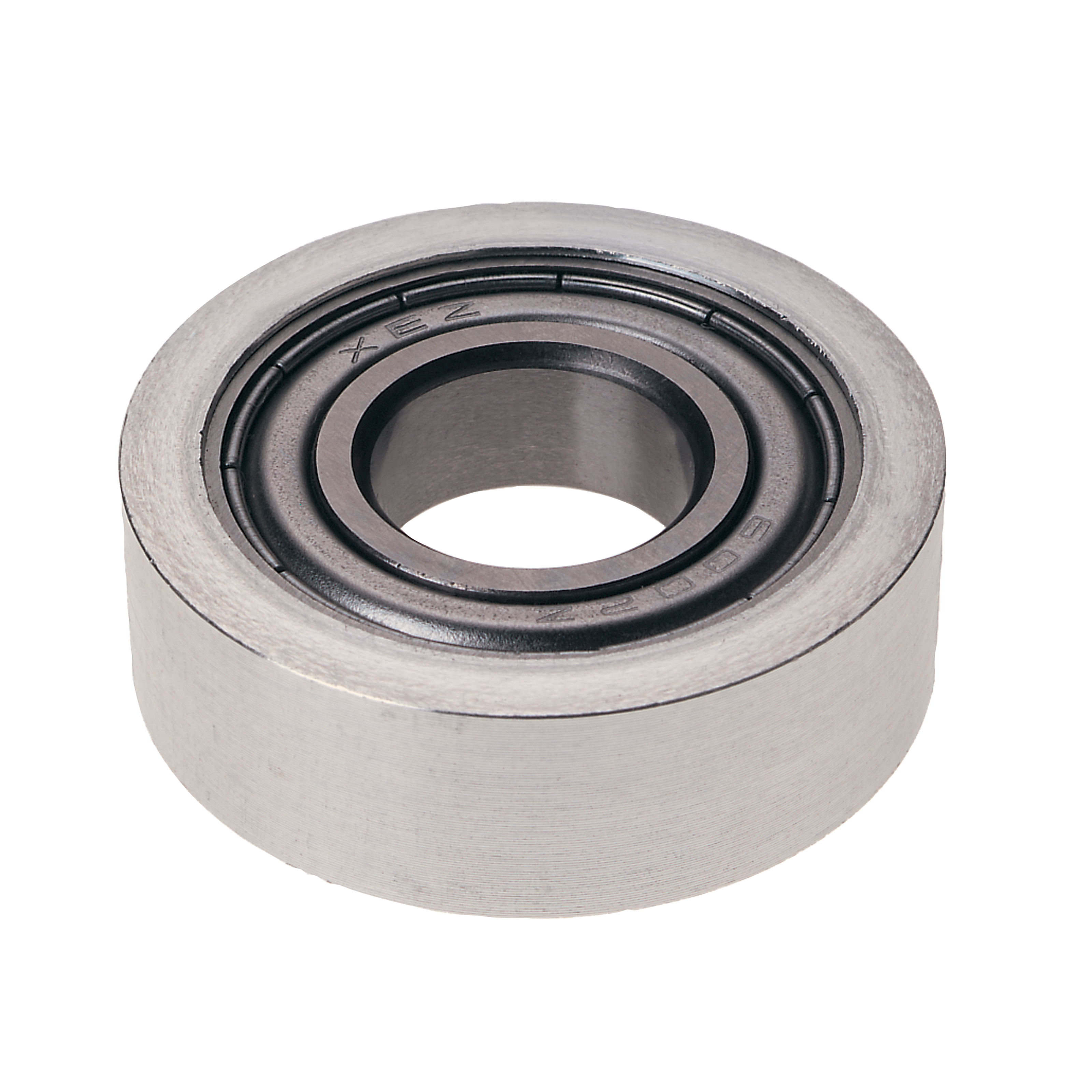 Metal ball bearing with concentric rings and central hollow opening, shown from top view.
