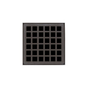 Oil rubbed bronze square drain grate with grid pattern openings.