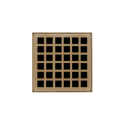 Satin bronze square drain grate with grid pattern and center drain opening.