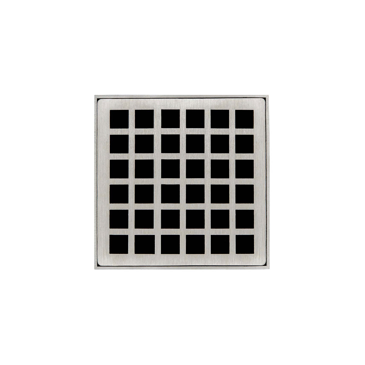 Square satin stainless steel floor drain with centered grid pattern and black apertures.
