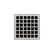Square satin stainless steel floor drain with centered grid pattern and black apertures.