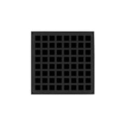 Matte black square drain grate with grid pattern and recessed center opening.