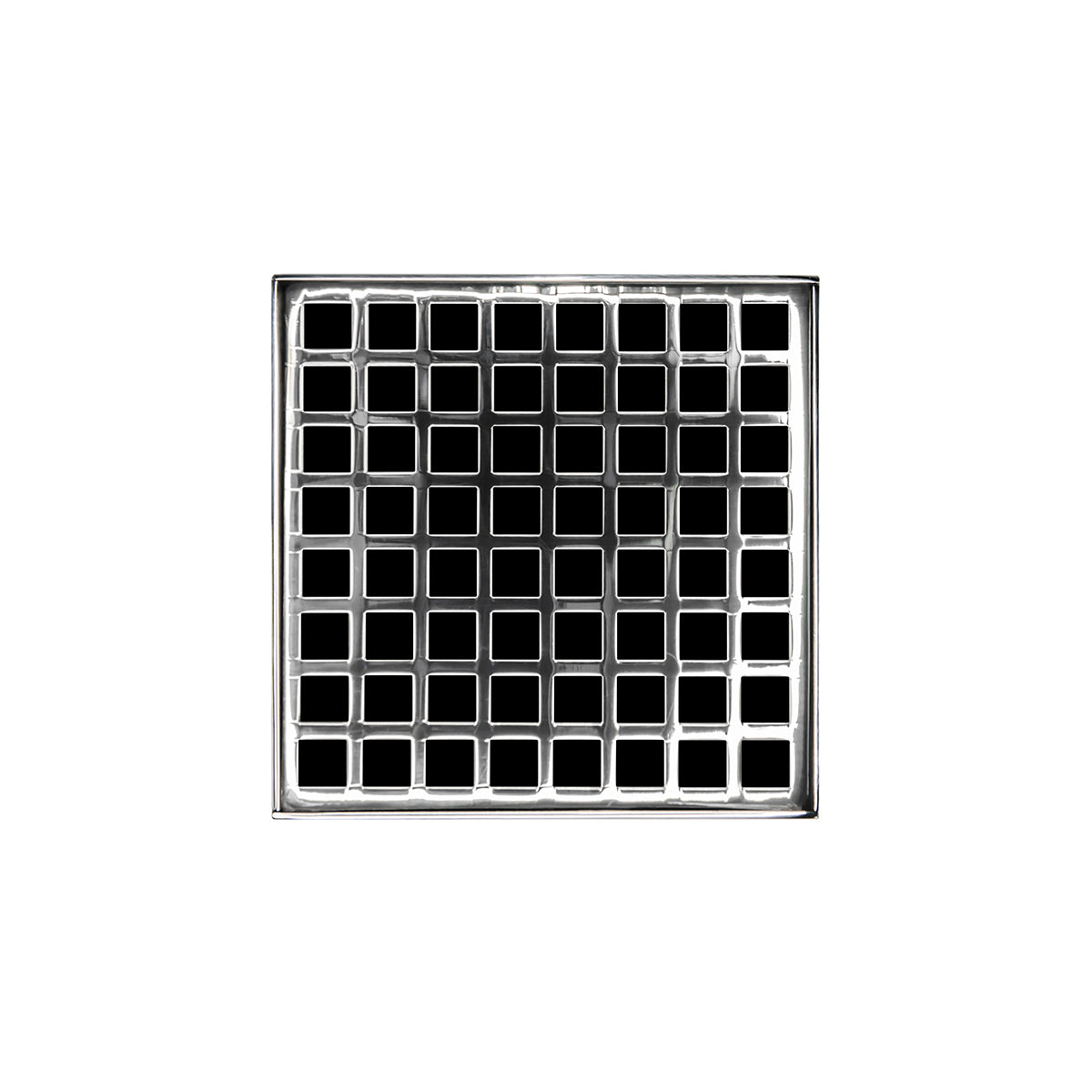 Polished stainless steel square drain grate with grid pattern of small rectangular openings.