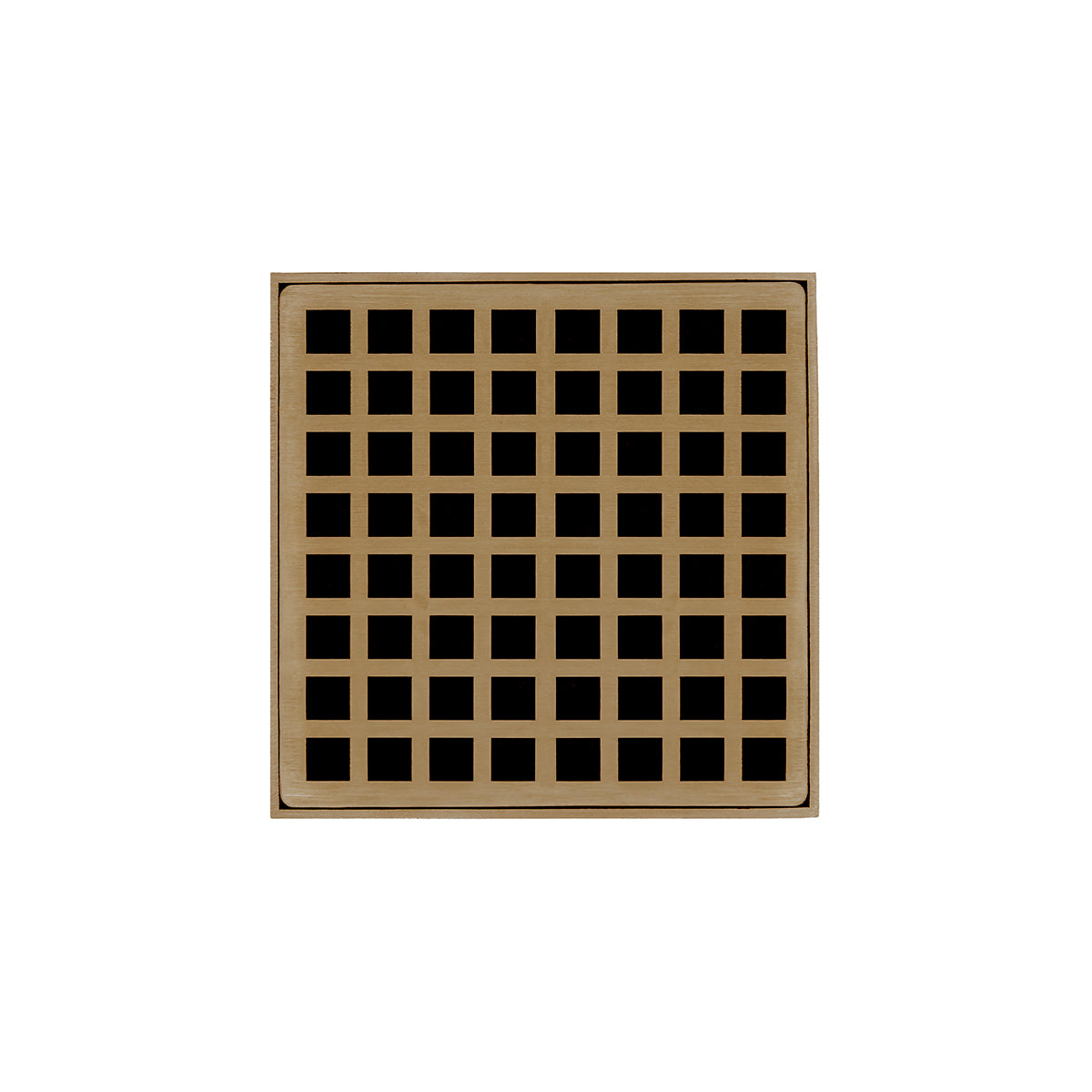 Square satin bronze drain grate with grid pattern of small black openings.