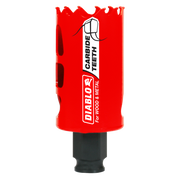 Red carbide-tipped holesaw with black arbor shaft and "Diablo" branding, designed for wood and metal cutting.