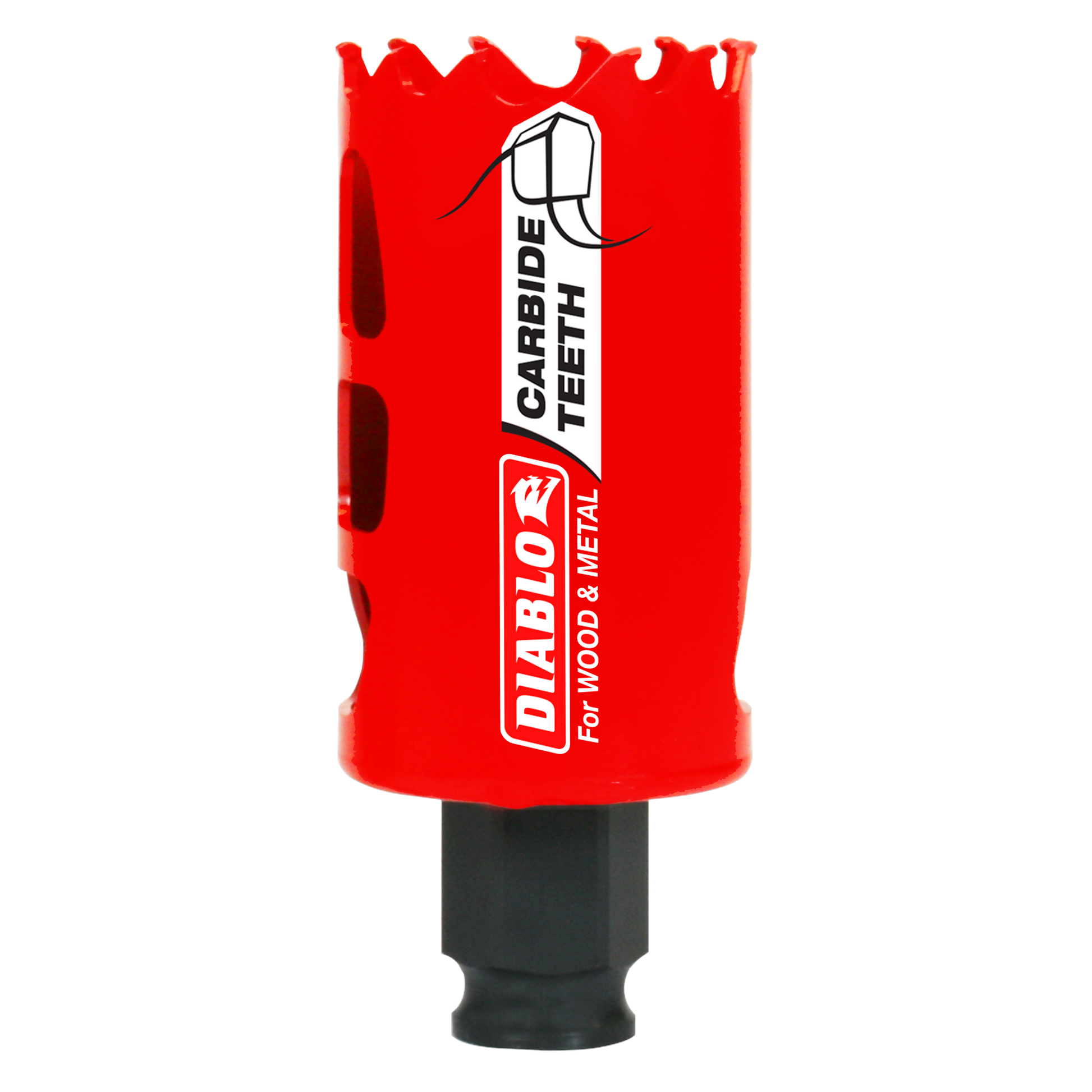 Red carbide-tipped holesaw with black arbor shaft and "Diablo" branding, designed for wood and metal cutting.