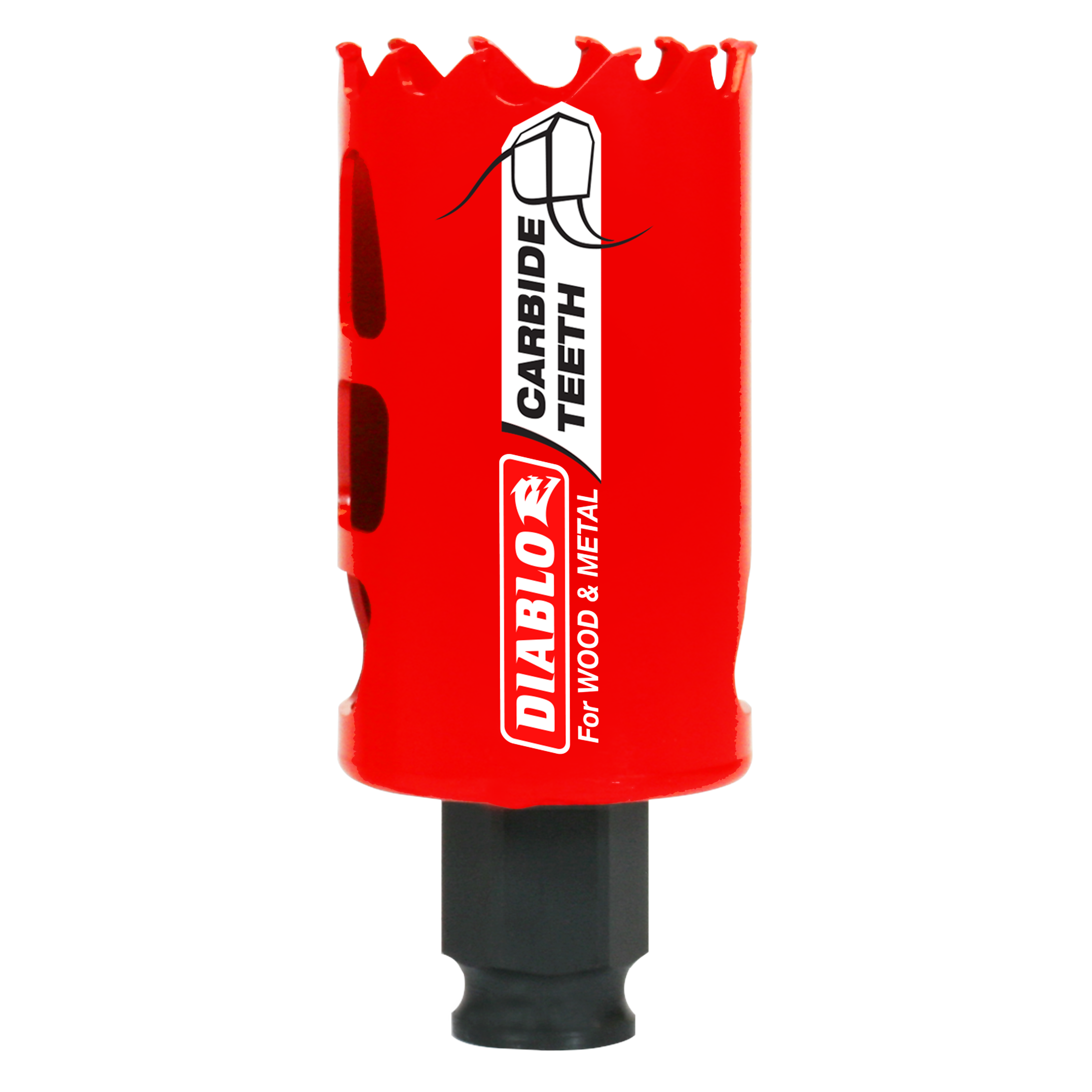Red carbide-tipped holesaw with black arbor shaft and "Diablo" branding, designed for wood and metal cutting.