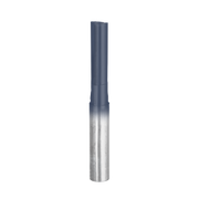Straight router bit with two flutes, silver cutting edge and dark gray shank.